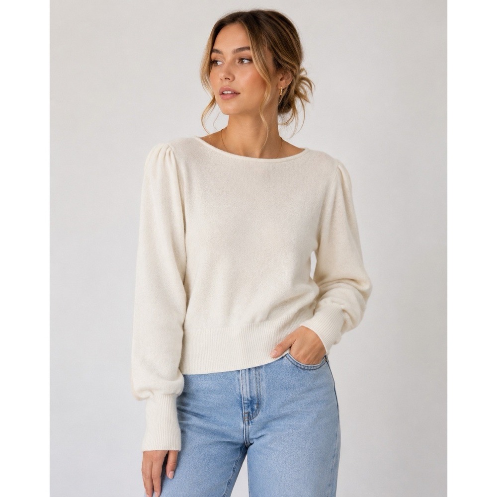 Wilfred Aritzia Cashmere Wool Puff Sleeve Sweater L Ivory Cream Boat Neck